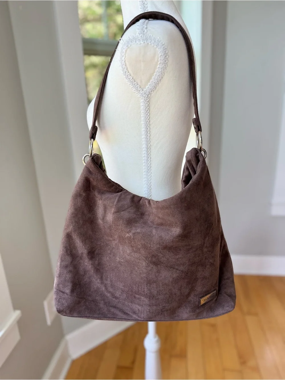 Bella Russo Taupe Brown Faux Suede Hobo Shoulder Bag Silver Accents